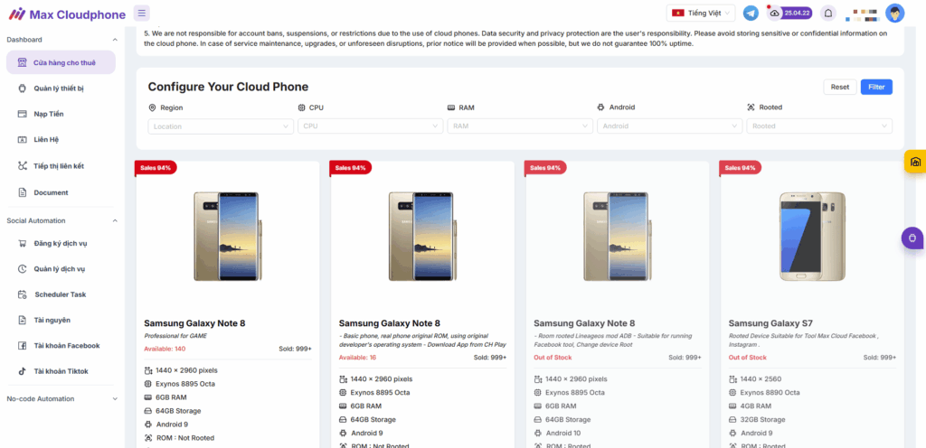 CloudPhone để nuôi Facebook